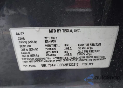 2022 Tesla Model Y Long Range Dual Motor All-Wheel Drive z USA, uszkodzony, nr VIN 7SAYGDEE4NF430216